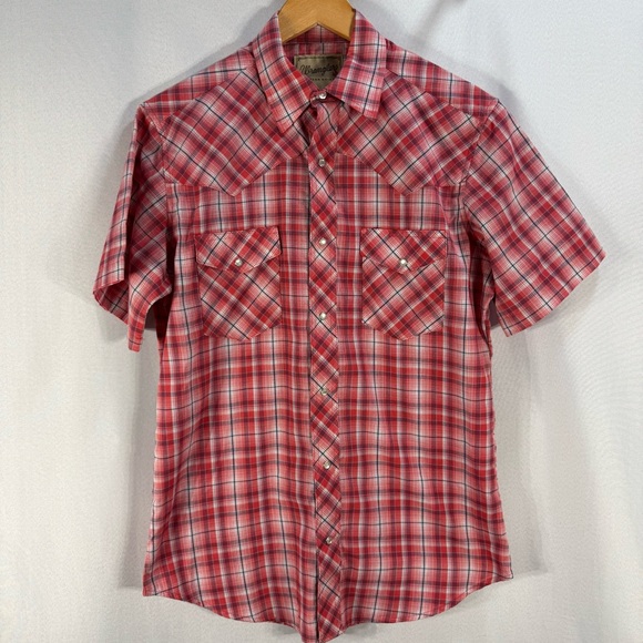 Wrangler Western Plaid Pearl Snap Short Sleeve Shirt Men’s Medium Red - Picture 1 of 4